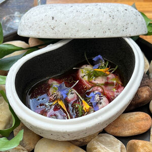 Stone Frost Lidded Bowl 5.5"
Salt Cellar Stone Pebble Design White Black